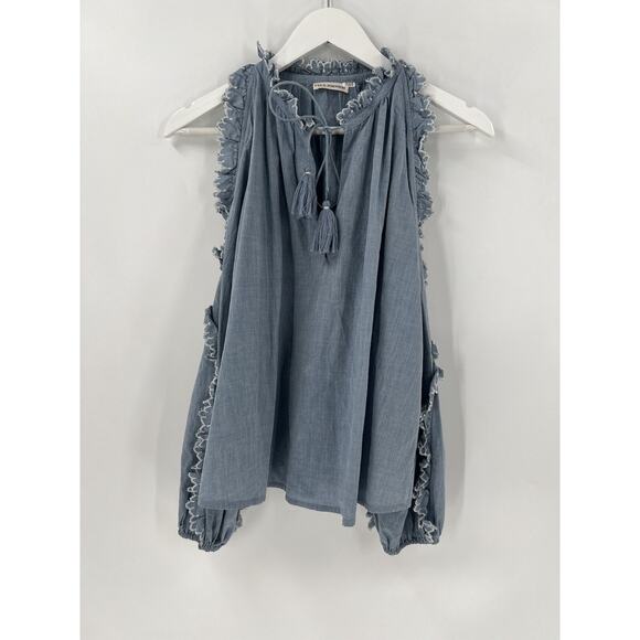 Ulla Johnson Blouse Womens 2 Blue Chambray Cold Shoulder Ruffles Tasseled Top - Picture 1 of 16